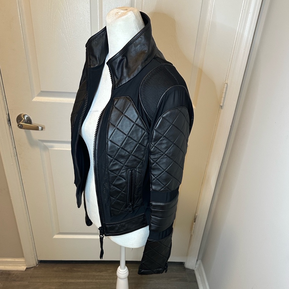 blanc noir Black Quilted Moto Leather Jacket